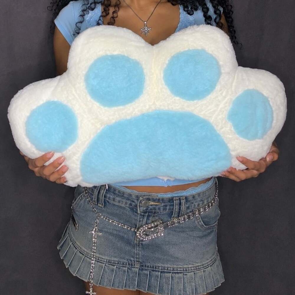 White and Blue Soft Plush Cat Paw Decorative Cushion